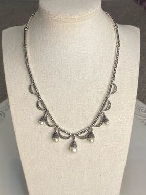Sterling Silver Marcasite Faux Pearl Dangle Necklace 925